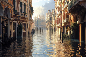 Flooded urban landscape depicts streets submerged in water with historic buildings in view near the city center during daylight