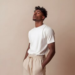 Fototapeta premium Stylish Young Man in White Shirt and Light Pants Against Neutral Background