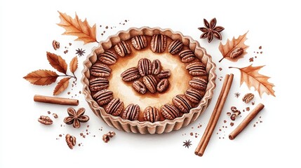 Pecan pie with decorative crust, surrounded by autumn leaves and cinnamon sticks, watercolor illustration, isolated on white background