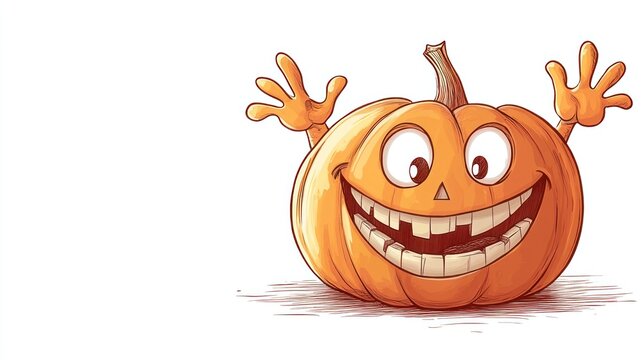 Happy cartoon pumpkin with big smile and missing tooth.