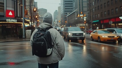 A lone figure with a backpack navigates a bustling city street, embodying urban exploration and the rhythm of everyday life.