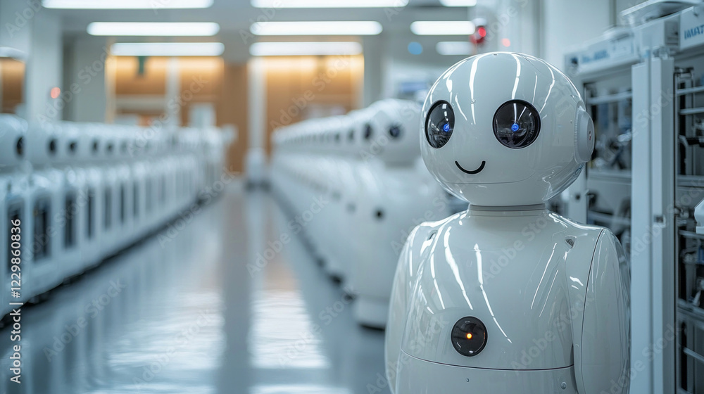 Poster Cutting-edge robots line the spacious corridors of a research lab, each programmed for advanced tasks. The bright atmosphere highlights ongoing technological advancements and teamwork