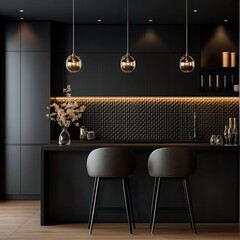 Home and decoration and black kitchen room interior design and empty black pattern wall background. 3D render. 