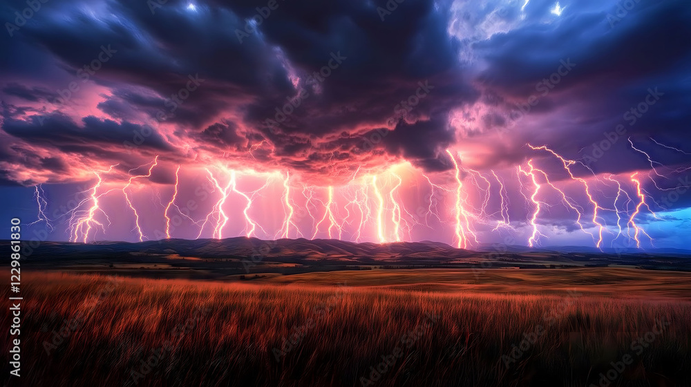Poster capturing dramatic lightning strikes during a summer storm over golden fields at twilight. generativ