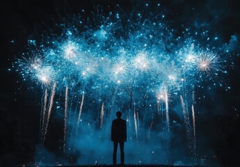 Silhouette of a Person Watching Spectacular Fireworks Display Against a Dark Night Sky with Blue Sparkles and Colorful Explosions in the Background