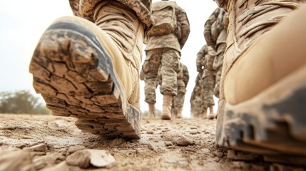 Soldiers in sturdy boots march in formation on a dusty path, showcasing discipline and unity in a striking military display.