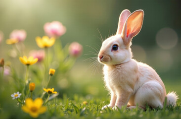 Obraz premium Easter Bunny in a Flower Meadow, a symbol of the Christian holiday