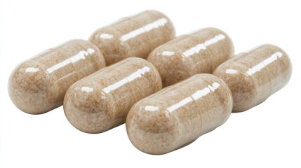 Six translucent capsules filled with light brown powder, isolated on white.