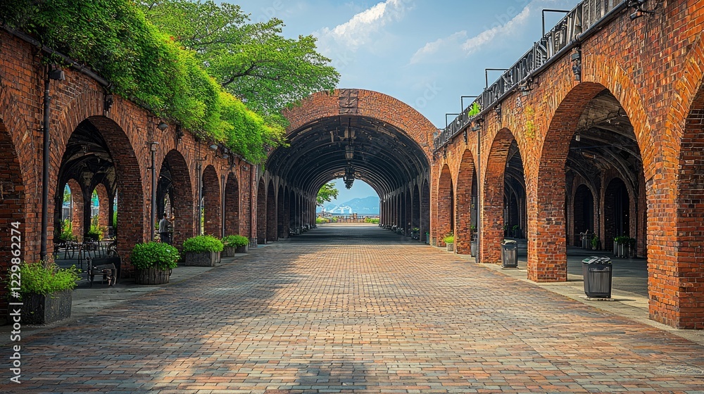 Wall mural Brick arcade walkway, harbor view, summer day, peaceful scene, travel photography