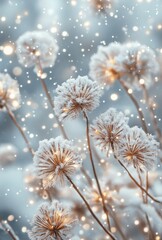 Snow-covered flowers in winter wonderland with soft glowing lights surrounded by falling snowflakes creating a serene and magical atmosphere