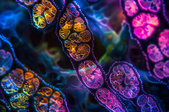 A complex bacterial colony forming geometric patterns under a microscope, illuminated by soft fluorescent light.