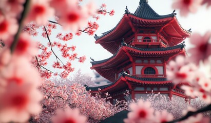 Red Pagoda Amidst Blooming Cherry Blossoms