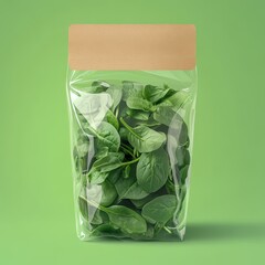 Fresh Spinach Leaves in Transparent Packaging with Green Background