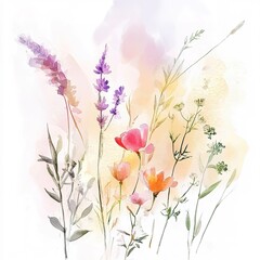 Pastel colors flowers in the light watercolor background, card with wild herbs on white background