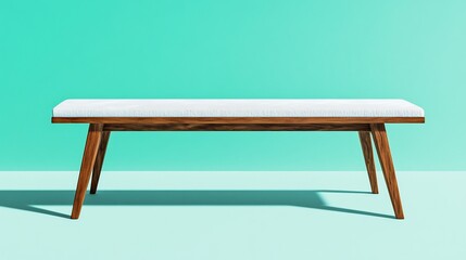 Wooden dining bench with upholstered seat on vibrant mint background 