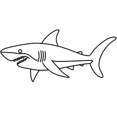 shark illustration. Coloring book page for adult. Underwater seabed with algae and corals, line art design and fish.