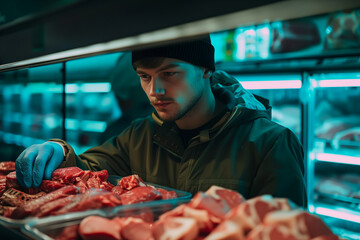 Supermarket worker organizing position in meat department. Placing meat in order. Working in grocery store
