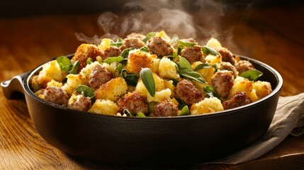 Rich Thanksgiving dressing, a blend of cornbread, sausage, and fresh sage, steaming on a wooden table beside a roasted turkey centerpiece