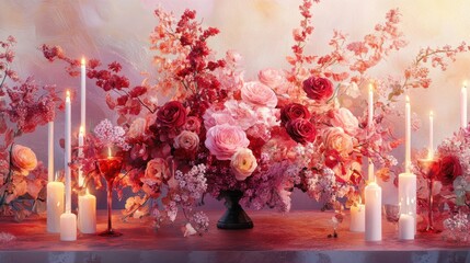 A pink and red floral centerpiece surrounded by candles for a romantic dinner setup