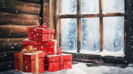 Christmas presents stacked near a window with a snowy winter landscape outside