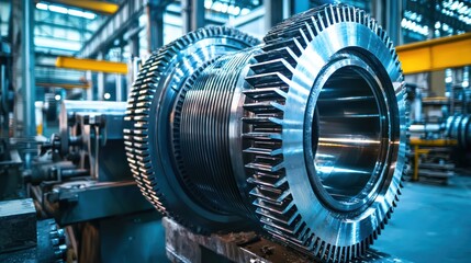 Obraz premium A set of large industrial gears on a factory floor with a metallic finish.