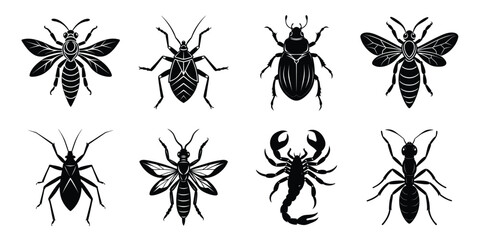 Insects silhouettes set. Vector illustrations poisonous insects isolated on white background