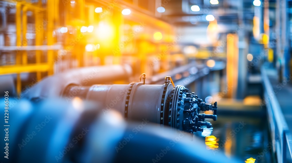Poster a beautiful panoramic image of a hydro power station, featuring a softly blurred background that emp