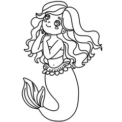 Coloring book page for adult. Underwater seabed with algae and corals, line art design and fish.