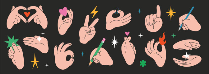 Hands gestures set. Gesturing human arms holding Heart, fire and star, showing peace and OK sign, writes with pen or pencil. Trendy modern vector illustration on black, hand drawn, flat design