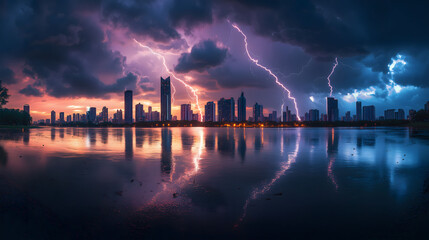 Dramatic Dusk Skyline With Lightning Illuminating the City and Its Reflection Over the Calm Water. Generative AI