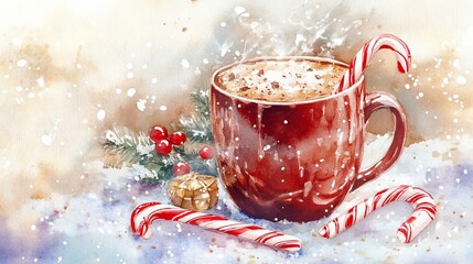 Watercolor Christmas Still Life with Red Mug Hot Chocolate and Candy Canes on Snowy Background