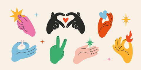 Colorful Hands gestures set. Gesturing human arms making Heart shape, holding fire and star, showing peace sign. Trendy modern vector isolated illustration, hand drawn, flat design