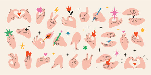 Hands gestures big set. Gesturing human arms holding fire and star, making Heart shape, showing peace and OK sign, writes with pen or pencil. Trendy modern isolated vector illustration, flat design