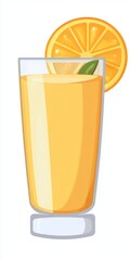 Glass of orange juice with a slice of orange on top. The glass is half full