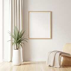 white room interior with a chair and blank picture frame mockup. Blank picture frame mockup on white wall. White living room design. View of modern style interior with chair.