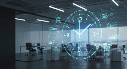 A glowing holographic clock with icons representing scheduling, deadlines, and workflow optimization in a high-tech business setting