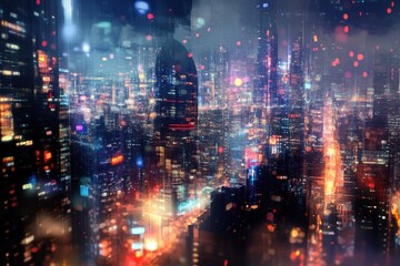 Fototapeta premium A blurry night photo of a busy city street with bright lights