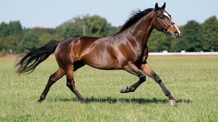 Obraz premium A majestic horse gracefully gallops across a lush, green field, its powerful stride embodying freedom under the open sky.
