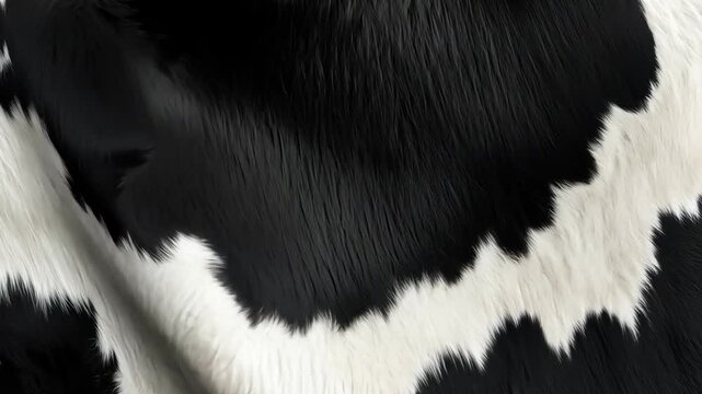 Close-up view of black and white cowhide showcasing unique patterns and textures under soft lighting