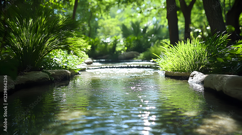 Aufkleber a tranquil stream flows through lush greenery, surrounded by vibrant plants, creating a serene and p