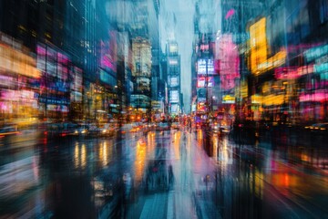 A blurry night photo of a busy city street with bright lights