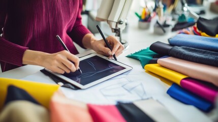 A detailed shot of a fashion designer sketching designs on a tablet, surrounded by fabric swatches and sewing equipment in a fashion studio, Fashion design workshop scene