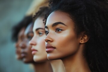 three women of different ethnicities standing side by side, looking into the distance with determination and hope in their eyes. The image evokes a sense of unity and strength in diversity. 