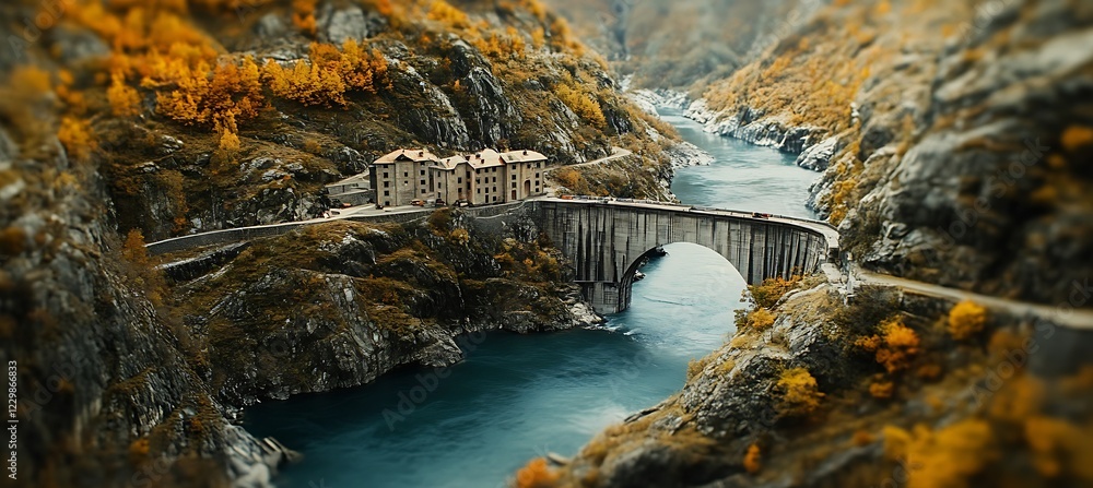 Poster a wide-angle image of a hydro power station with a softly blurred background, showcasing the facilit