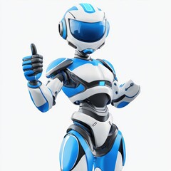 humanoid robot with blue and white panels, giving a thumbs-up, centered on a bright white background