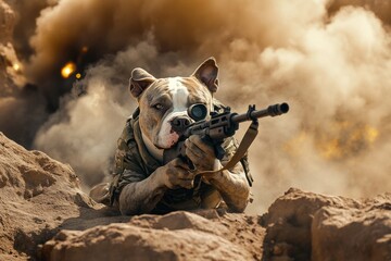A courageous Pit Bull dog in full soldier's gear, positioned in the prone position, aiming a rifle from a rocky outcrop, with smoke and explosions.Dogs soldier.Military dogs.Army dogs.