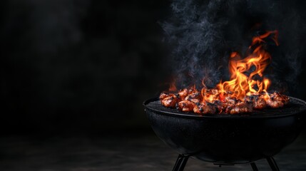 Portable Barbecue Grill with Flames and Smoke Emitting in an Outdoor Setting