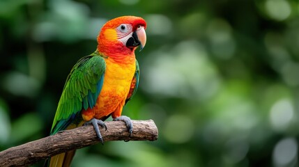 Obraz premium A colorful parrot is perched on a branch in a lush green forest