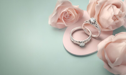 Diamond Engagement Rings with Romantic Rose Accents on a pastel background.