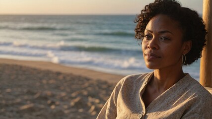 Embracing tranquility by the shore while reflecting on health and wellness during the golden hour of a serene beach evening